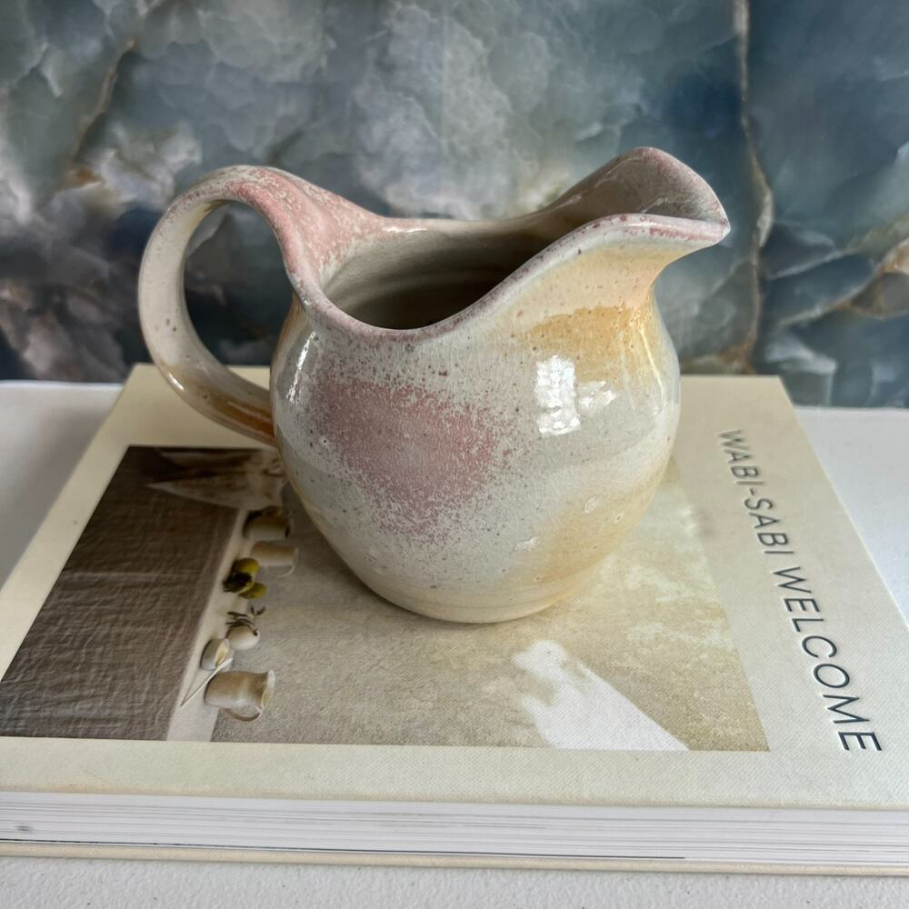 Art Studio Pottery Creamer Pitcher 4.5" Ivory Yellow Speckled Glazed Marked